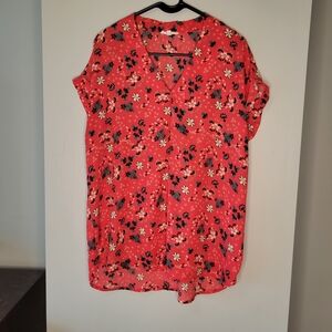 Pleione Coral Floral Blouse Women’s L V-Neck Short Sleeve Lightweight Top